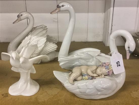 Lladro swan with sleeping baby, 2 others & a pair of doves